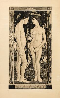 Richard Müller, 1874-1954, Eva und Adam, Radierung/Velin, handsign., dat., Stempel deutscher Kunstverleger, Platte 65x34 cm, leichte Knicke im Blatt