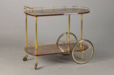 Servierwagen, Italien, 60er Jahre, Hersteller Aldo Tura, Messing, Oberfläche Ziegenleder lackiert, ca. 72x40x92 cm