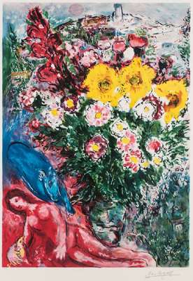 Marc Chagall, 1887-1985, Les Soucis, Farblithographie, im Druck sign., num. 178/500, Blattgr. 100x73 cm, unter Glas gerahmt