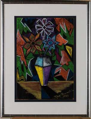 Rudi Bernstein, geb. 1950 Mannheim, kubistisches Blumenstillleben, Pastell/Karton,sign., dat. 1973, Blattgr. 59x42 cm, unter Glas gerahmt