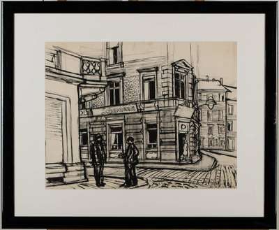 Werner Kornhas, 1910-1992, Konvolut aus 2 Tusche-Zeichnungen: Karlsruher Straßenzeile- Cafe Wien in der Fasanenstraße, Karlsruhe- Gasthaus ...