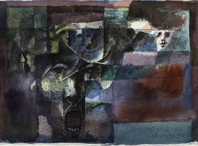 Heinz Brzoska, 1942 Kattowitz - 2015 Ludwigshafen, Dumpfer Gesang, kolorierte Tuschezeichnung, handsign., dat. (19)84, Blattgr. 40x50 cm, unter Glas ...