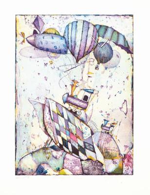 Gerhard Hofmann, geb. 1960 Worms, Fliegende Lok, Farbradierung, 1990, handsign., e.a., Platte 63x46 cm, Blattgr. ca. 86x67 cm