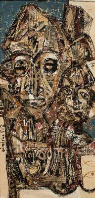 Georges Adinga, 1933-2005, afrikanische Masken, Öl/Sand auf Lwd, sign., dat. (19)77, ca. 100x59 cm, Rahmen