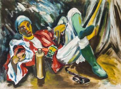 Ludwig Fellner, 1917-2006 Neustadt/Wstr., Exotischer Mann pausiert, Öl/Lwd, sign., dat. 1950, ca. 72x92 cm, Rahmen