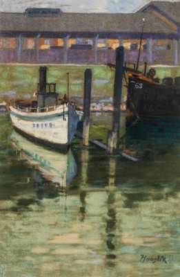 Anton Hanslik, Ludwigshafener Maler, Bootshafen am Rhein, Pastell auf Papier, sign., verso betitelt, PP Ausschnitt ca. 50x34cm, unter Glas gerahmt, ...