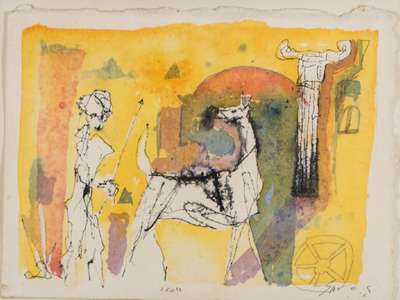 Paulo Sayeg, geb. 1960 São Paulo, Abeba, 1987, Mischtechnik/Tempera/Baumwolle, sign., betitelt, Textil 31x41 cm, unter Glas gerahmt,gesamt 60x70 cm, ...
