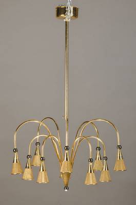 Ausgefallene Deckenlampe, wohl Italien, 1970er Jahre, Messing, sog. Tütchen-Lampe, 10 Brennstellen, Elektrifizierung nicht geprüft, guter Zustand, ...