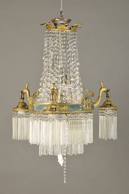 Empire-Lampe, frühes 20.Jh., Messinggestänge, Ring z.T. eingefärbt, 3 Arme in Vogelform, je 1 Brennstelle, zusätzlich 3 Brennstellen inneliegend, ...