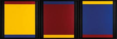 Volker Tinti, geb. 1941 Kaiserslautern, Serie Raum Blau, Rot, Gelb Acryl/Lwd, je 60x60 cm, Rahmen