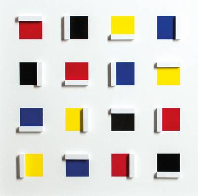 Volker Tinti, geb. 1941 Kaiserslautern, Quadrupel, Acryl/ Holz, 3D- Konstruktion, verso sign., dat. 2012, ca. 40x40 cm, unter Glas in weißem ...