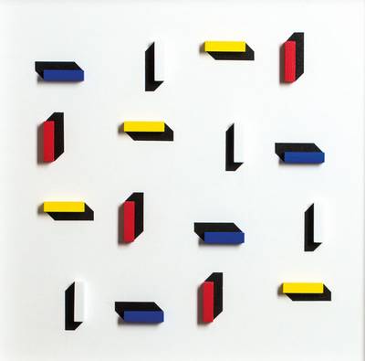 Volker Tinti, geb. 1941 Kaiserslautern, Mittelquadrat, Acryl/ Holz, 3D- Konstruktion, verso sign., dat. 8/2011, ca. 40x40 cm, unter Glas in weißem ...