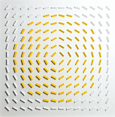 Volker Tinti, geb. 1941 Kaiserslautern, Rotation in Gelb, Acryl/Holz, 3D-Konstruktion, verso sign., dat. 2012, unter Glas in weißem Holzrahmen ...