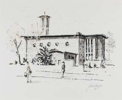 Josef Zörner-Kampia, geb. 1925, Kirche in Ludwigshafen Mundenheim, Zeichnung, sign., dat. 1977, ca. 50x60 cm, unter Glas gerahmt