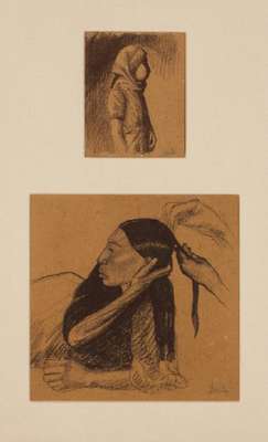 Jørn Bie, geb. 1939 Kopenhagen, lebt in Guatemala, hier: Kohlezeichnung einer Maya- Frau und eines Mädchens, zusammen unter Glas arrangiert, gesamt ...