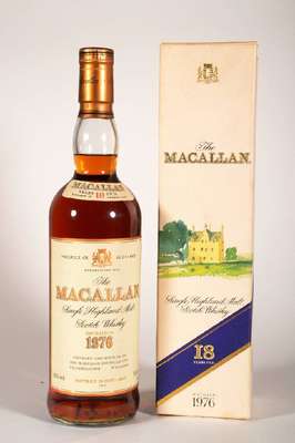 1 Flasche 1976 The Macallan 18 years old Highland Malt Scotch Whisky, ca. 75 cl, 43% Vol., unverkostet, 18 Jahre im Sherry Fass gereift, sehr guter ...