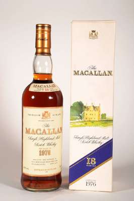 1 Flasche 1976 The Macallan 18 years old Highland Malt Scotch Whisky, ca. 75 cl, 43% Vol., unverkostet, 18 Jahre im Sherry Fass gereift, sehr guter ...