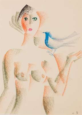 Tengis Mirsaschwill, geb. 1934 in Georgien, Frau mit Taube, Pastellkreide-Zeichnung, sign., Blattgr. 30x40 cm, PP