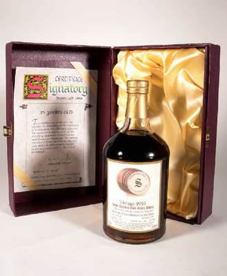 1 Flasche 1959 Signatory Vintage Malt Scotch Whisky, ca. 70 cl, 52,6 % Vol., unverkostet,35 Jahre im Sherry Fass gereift, Flaschennummer: 16 von nur ...