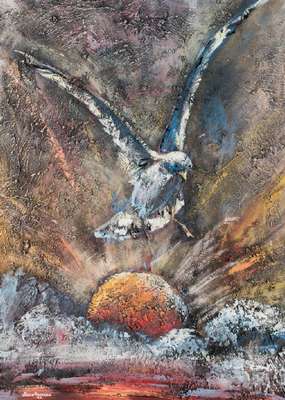 Julio Pousada, Vogel vor dem Sonnenaufgang, Mischtechnik/Lwd, sign., dat. 1994, ca. 84x62 cm, Rahmen