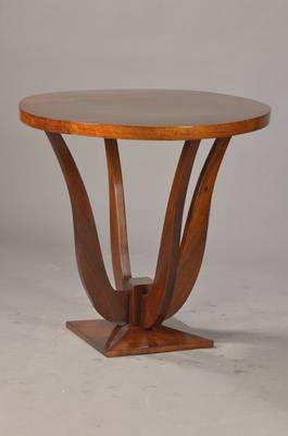 Beistelltischchen, wohl Frankreich, Art-Deco- Stil 20.Jh. Mahagoni massiv, rechteckige Sockelplatte, Tischbeine vasenformig geschweift, runde Platte, ...