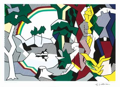 Roy Lichtenstein, 1923-1997, Landscape with figures and rainbow, Museum Ludwig Köln 1989, Farbsiebdruck auf Karton, handsign., Blattgr. ca. 51x72 ...