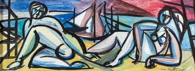 Atillo Polato, 1896-1978, Strandszene, Öl/Holz, handsign., dat. 1951, ca. 27x75 cm, Rahmen