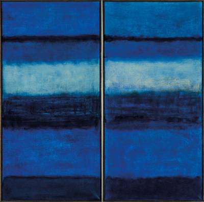 Gaston Gale, zeitgenössischer Belgischer Künstler, 2 Pendants in Blau, Acryl/Lwd, sign., je ca. 100x50 cm, Leisten