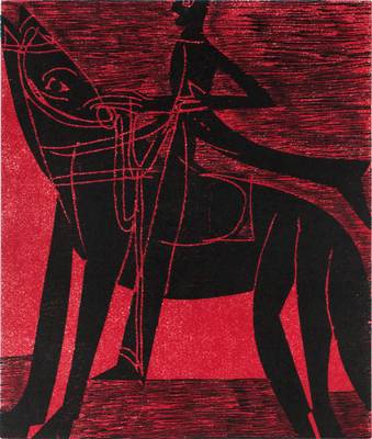 HAP Grieshaber, 1909-1981, Der Reiter, 1981,Holzschnitt in rot/schwarz auf Bütten, Nachlaßstempel aus dem Atelier Grieshaber, num. e.a., Auflage ...