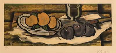 Georges Braque, 1882-1963, Nature morte sur une nappe, Farblithografie, handsign., num. 132/250, Motiv 28,5x72,5 cm, unter Glas gerahmt, gesamt ...