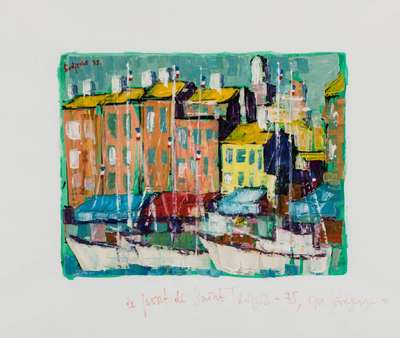 Michel Godjevac, 1896-1982 Ungarn/Frankreich, Le Port de Saint Tropez, Öl/Karton, sign., dat. (19)75, ca. 26x32 cm, unter Glas gerahmt, gesamt 50x60 ...