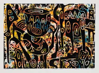 Wolz Oyeyemi, afrikanischer Künstler, Webs of life, Farbholzschnitt, sign., betitelt, dat. 1974, PP Ausschnitt 46,5x33 cm,unter Glas gerahmt