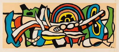 Fernand Léger, 1881-1955, Composition, Farblithografie, monogram. und handsign., num. 30/300, Motiv ca. 22x55 cm, unter Glas gerahmt, leichte ...