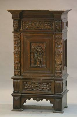 Halbschrank im Frühbarock-Stil, mit biblischem Motiv (Sündenfall) , deutsch, um 1870/80, 2-schübig, 1-türig, Schübe mit orig. Federmechanik, ...