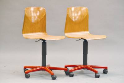 8er Satz Woodmark-Bürostühle, 50/60er Jahre, Pagholz-Sitzschale, Metallgestell auf Rollen,6.9195-1 H. ca 87 cm, Sh. ca. 50 cm