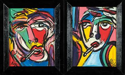 Peter Robert Keil, geb. 1942, Konvolut aus 2Portraits, Acryl/Hartfaser, beide sign., ca. 37x31 cm, Rahmen