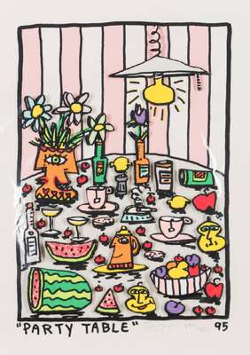 James Rizzi, 1950-2011, Party Table, 3D- Lithografie, 1995, handsign., num. 174/350, Motiv 14,5x21 cm, Blattgr. 23x29 cm