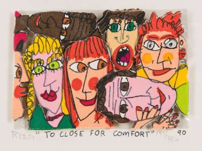 James Rizzi, 1950-2011, To close for Comfort, 3D-Lithografie, 1990, handsign., num. 137/350, Motiv 5,5x7,5 cm, Blattgr. 12x14 cm