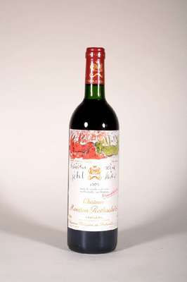 1 Flasche 1989 Chateau Mouton Rothschild, Pauillac, ca. 75 cl, 12,5 % Vol., Füllstand: ca. into neck, unverkostet, Etikett l. beschmutzt sonst sehr ...