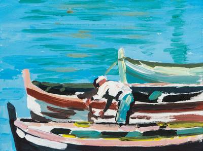 unbekannter Künstler, Fischer mit Boot, Acryl/Lwd, verso undeutlich sign., dat. 1970, ca. 15x20 cm, Rahmen, gesamt 20x25 cm