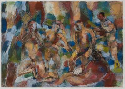 Manfred Henninger, 1894-1986, Badende, Pastellkreide/ Papier, sign., dat. 1941, PP- Ausschnitt 45x62,5 cm, unter Glas gerahmt, gesamt 76x106 cm