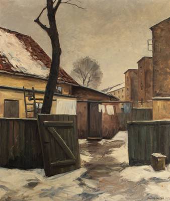 Jacob Meyer, 1895-1971, Hof im Winter, 1957,Öl/Lwd, sign., ca. 70x60 cm, Rahmen
