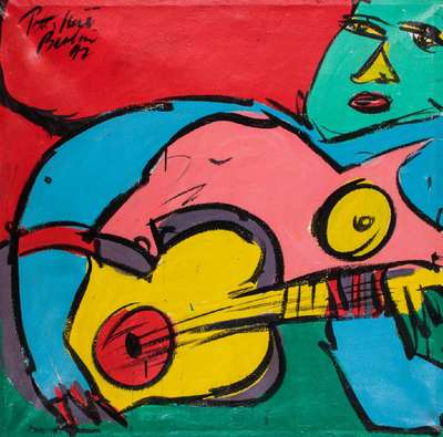 Peter Robert Keil, geb. 1942, Gitarrenspielerin, Acryl/Textil, sign., dat. 1992, ca. 100x100 cm, kleiner Riss im Stoff links unten