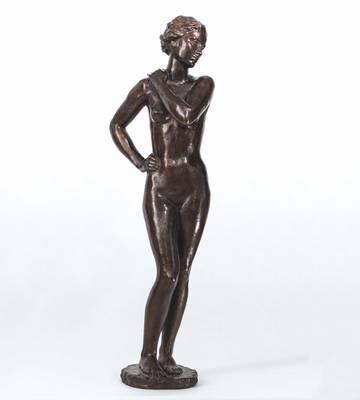 Fritz Klimsch, 1870-1960, In Wind und Sonne,1936, Bronzestatue mit dunkelbrauner Patina, in der Plinthe monogrammiert "FK" und mit Stempel ...