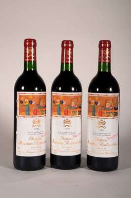 3 Flaschen 1991 Chateau Mouton Rothschild, Pauillac, je ca. 75 cl, 12,5 % Vol., Füllstände: je ca. into neck, unverkostet sehrgute ...