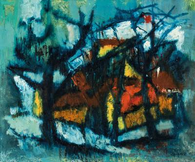 Adolf Gerhard, 1910-1975, winterliche Landschaftskomposition, Öl/Lwd, sign., dat. 69, verso betitelt, ca. 75x90 cm