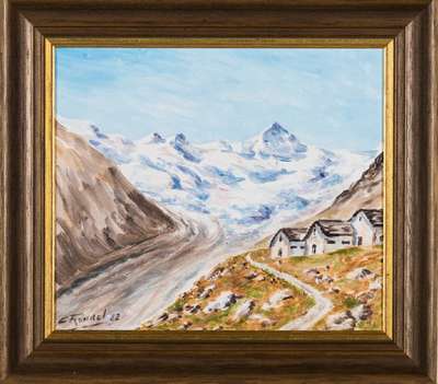 Rundel, zeitgenössischer Künstler aus Graubünden, Gebirgslandschaft, Öl/Lwd, sign., 40x45 cm, Rahmen