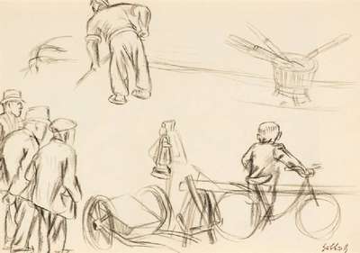 Karl Hubbuch, 1891-1979, Die Arbeiter, Kohlezeichnung, Signaturstempel, Blattgr. 22x31 cm