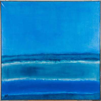 Gaston Galé, zeitgenössischer Belgischer Künstler, abstrakte Komposition in Blau, Öl/Lwd, sign., ca.100x100 cm, Leisten