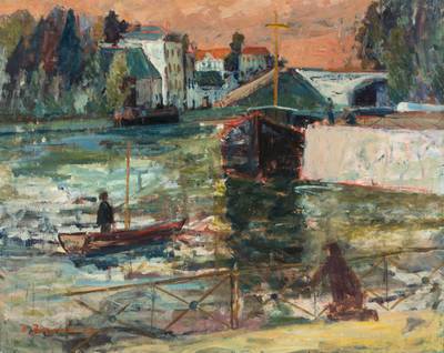 Frederic Brunner, geb. 1920 Bassersdorf/Schweiz, Fischerboote in Nogent an der Seine, Öl/Lwd, sign., dat. 68, verso betitelt, ca. 65x80 cm, Rahmen